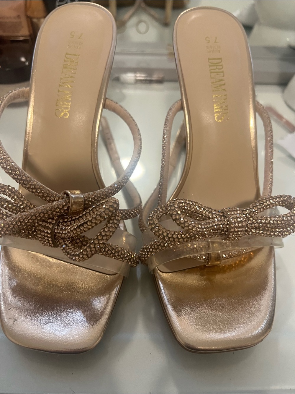 Dream Pairs Rose Gold Rhinestone Knot Slide Heels